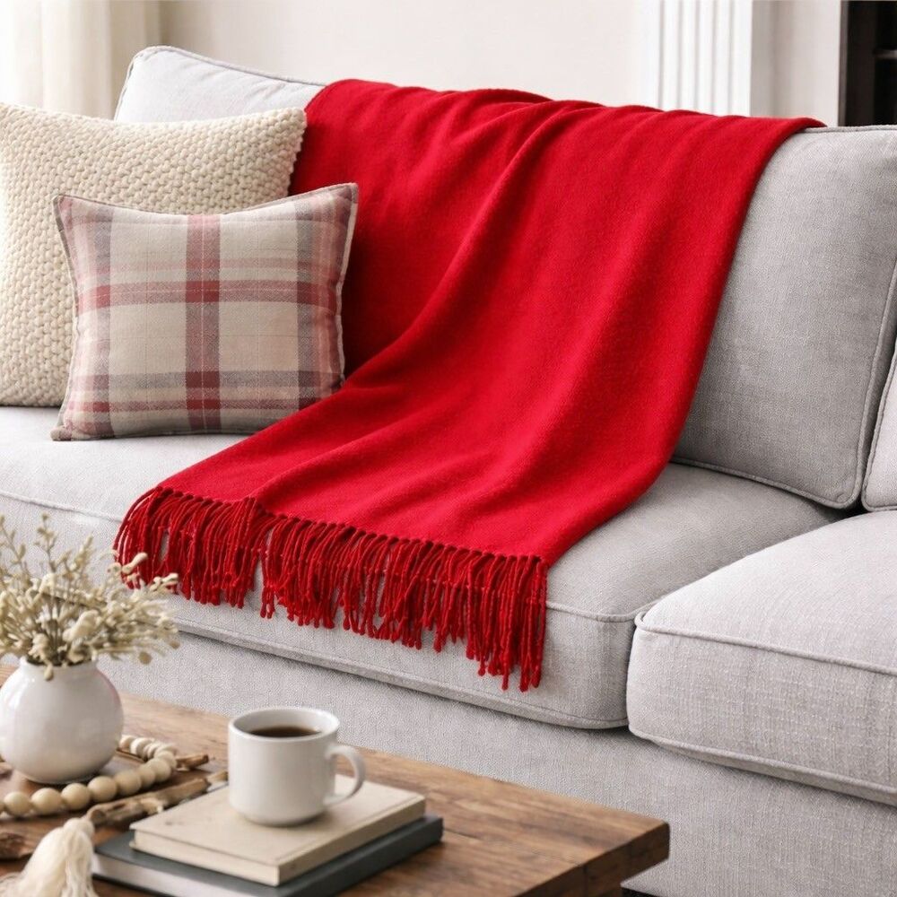 Pottery Barn Classic Red Fringe Throw Blanket 50 X 60 Modern Cozy Home Decor